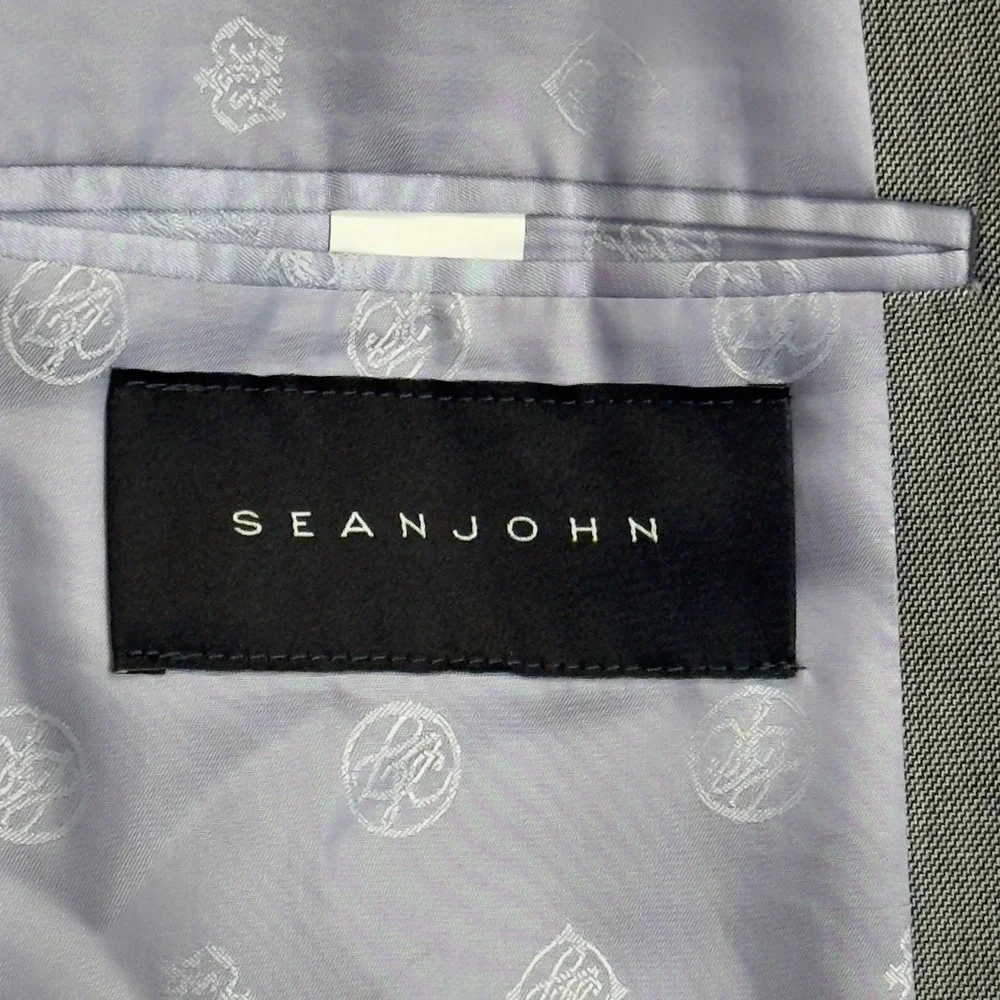 Sean John Mens Gray 3-Button Suit Jacket Blazer 46R Sharkskin Lined Formal